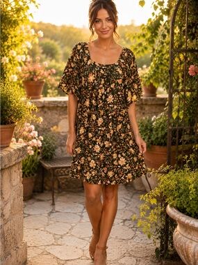 Maurices Floral Babydoll L Mini Dress Olive Green Rayon Flutter Sleeve A32